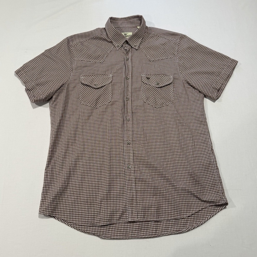 King Ranch Mens XL Brown White Gingham Check Short Sleeve Western Yoke Shirt